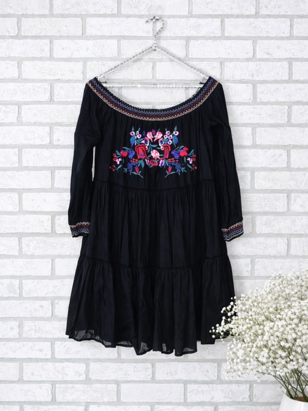 Free People Black Off-Shoulder Mini Dress with Floral Embroidery Size M - Picture 4 of 14